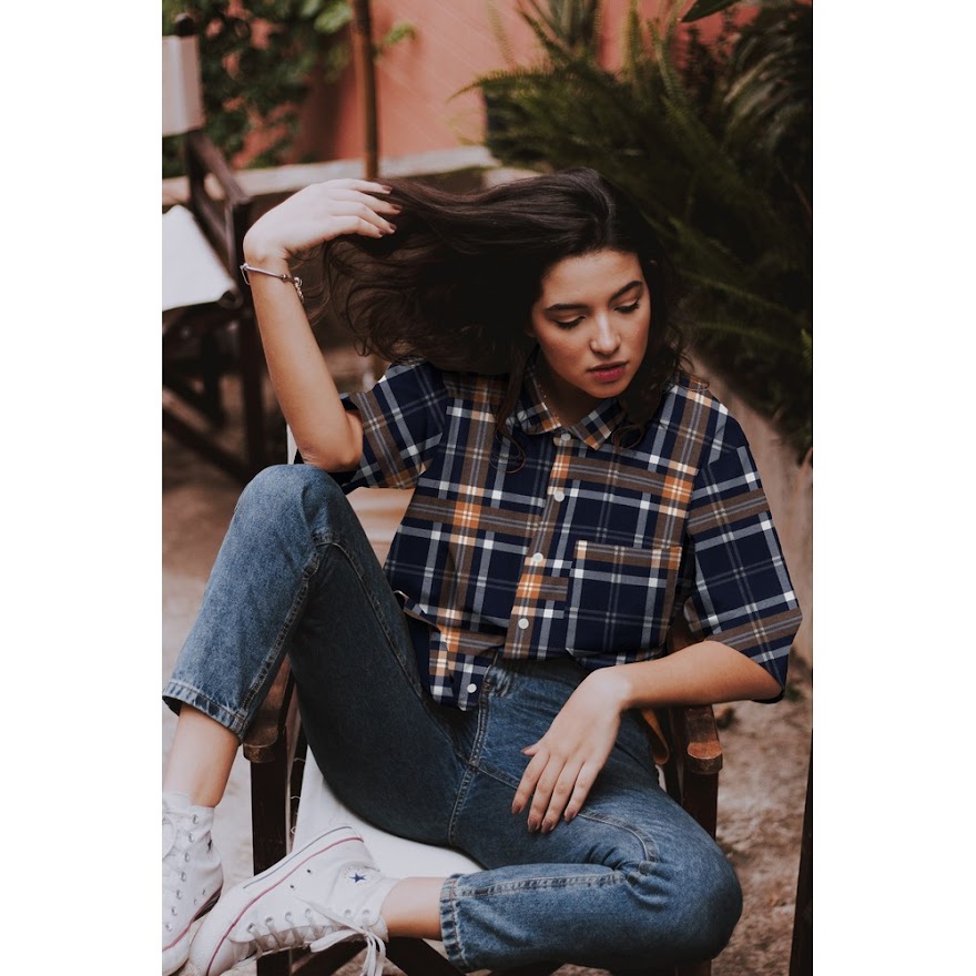 Flanell - Rutet Navy/ Rust