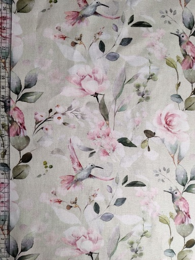 Bomullspoplin Fugler og Blomster (Lys Mint)